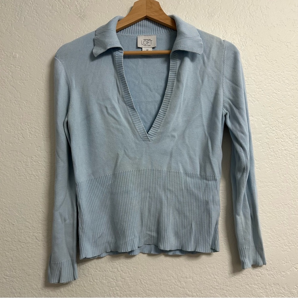 VTG Ann Taylor Loft‎ Sky Blue V-Neck Collared Sweater Size MP